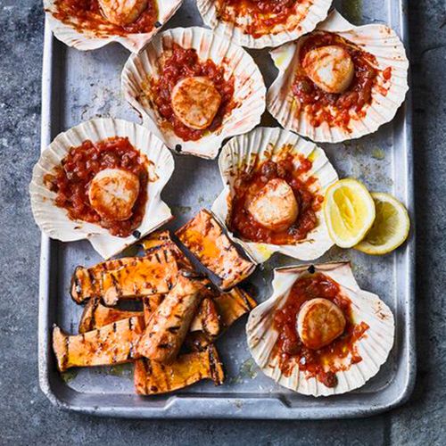 Gebackene Jakobsmuscheln mit Tomate und marinierten Pilzen